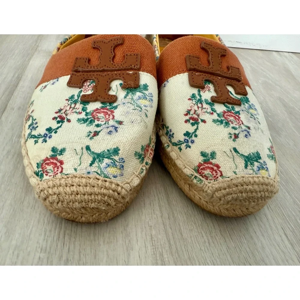 Tory Burch Floral Canvas Espadrille Flats Womens 8.5 Multi Excellent Logo SlipOn